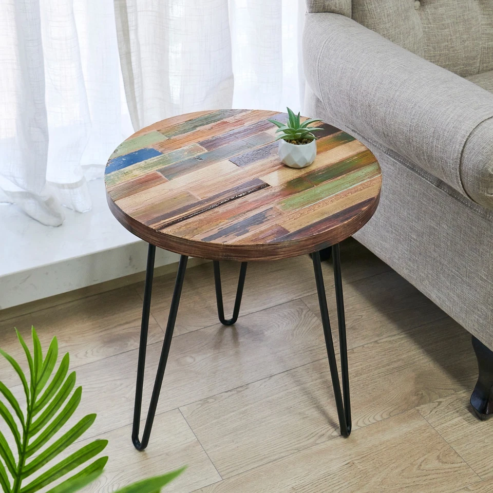 Greenage Side Table Reclaimed Wood Small Round Hairpin Leg End Table Night Stand - Image 2 of 4