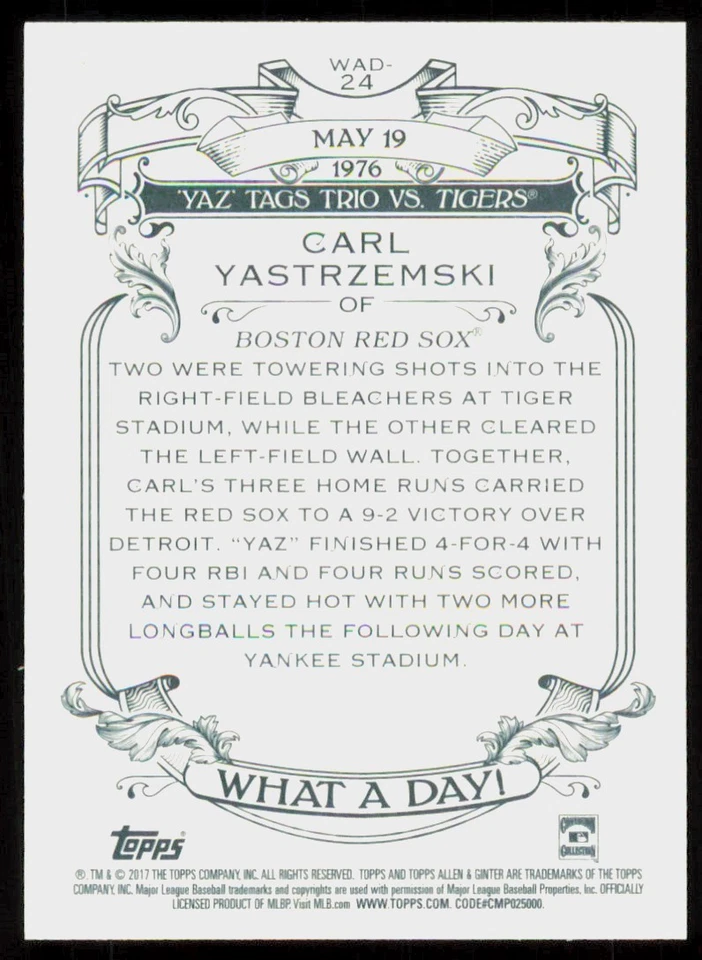 2017 Topps Allen & Ginter What a Day! Carl Yastrzemski #WAD-24 - Image 2 of 2