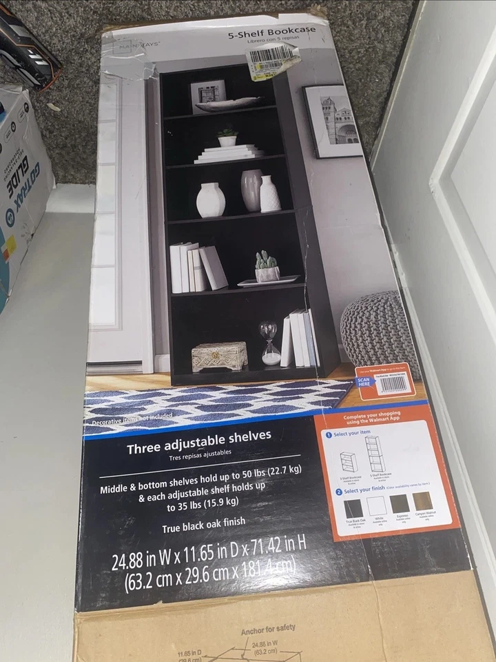 Librería Mainstays de 5 estantes con estantes ajustables, verdadero roble negro Foto 4 de 4