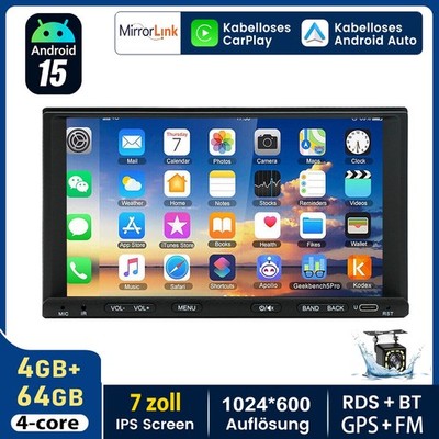 4+64GB CarPlay 2 DIN GPS Navi RDS WIFI SWC BT FM USB 7'' Android15 Autoradio KAM