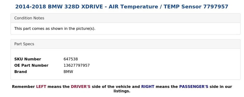 2014-2018 BMW 328D XDRIVE - Sensor de temperatura/temp do ar 7797957 - Imagem 3 de 4
