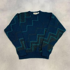 Vintage Abstract Knitted Jumper Patterned Grandad Chunky Knit Sweater Men's M