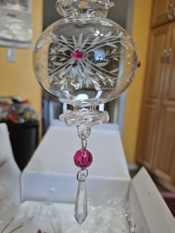 2 Hand Blown Clear Etched Glass Ornaments with Red Rhinestones & Prism NIB