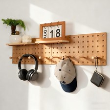 2 PCS Beige Wooden Pegboard Organization Set Shelves Hooks Home Office Decor