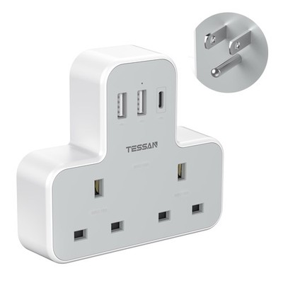 UK auf US Stecker Adapter mit 3 USB Ports (1 USB C) 2 AC Steckdosen TESSAN 5 in 1 USA