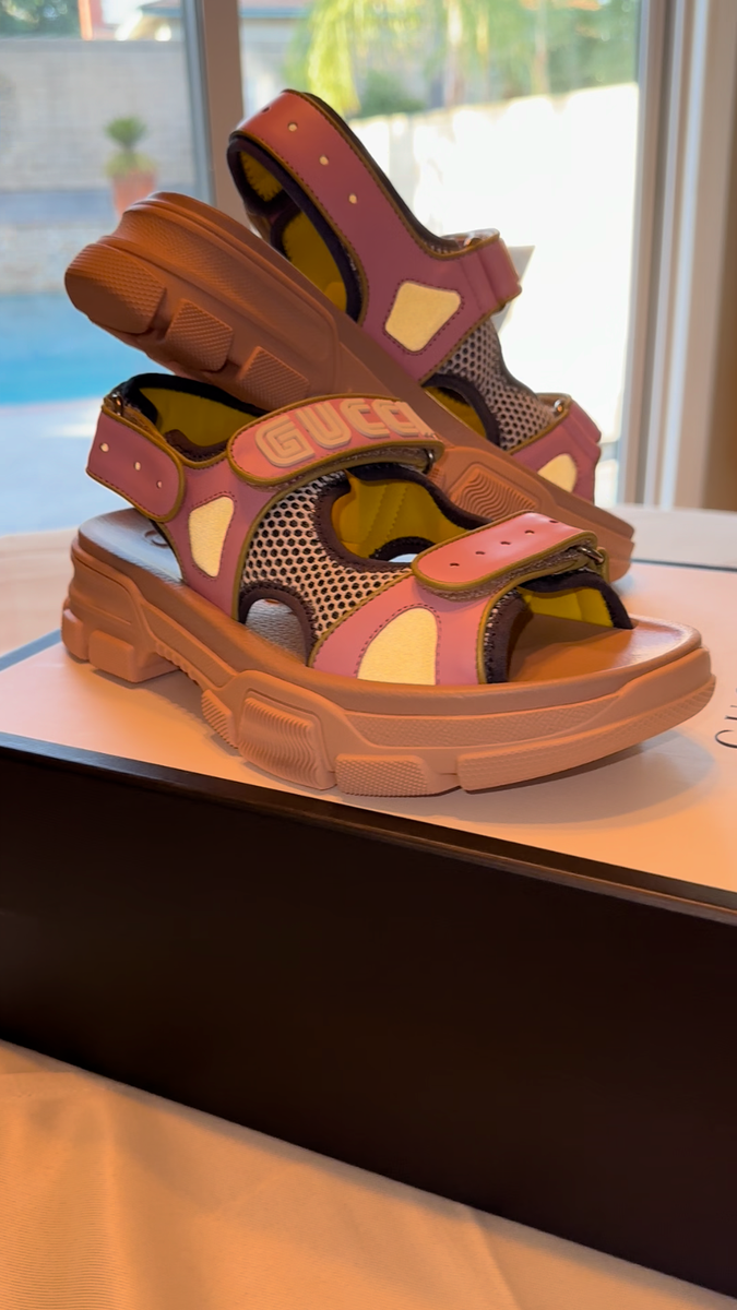 Gucci Sega Aguru Leather Platform Sandals Pink Women's US 7-7.5 EU