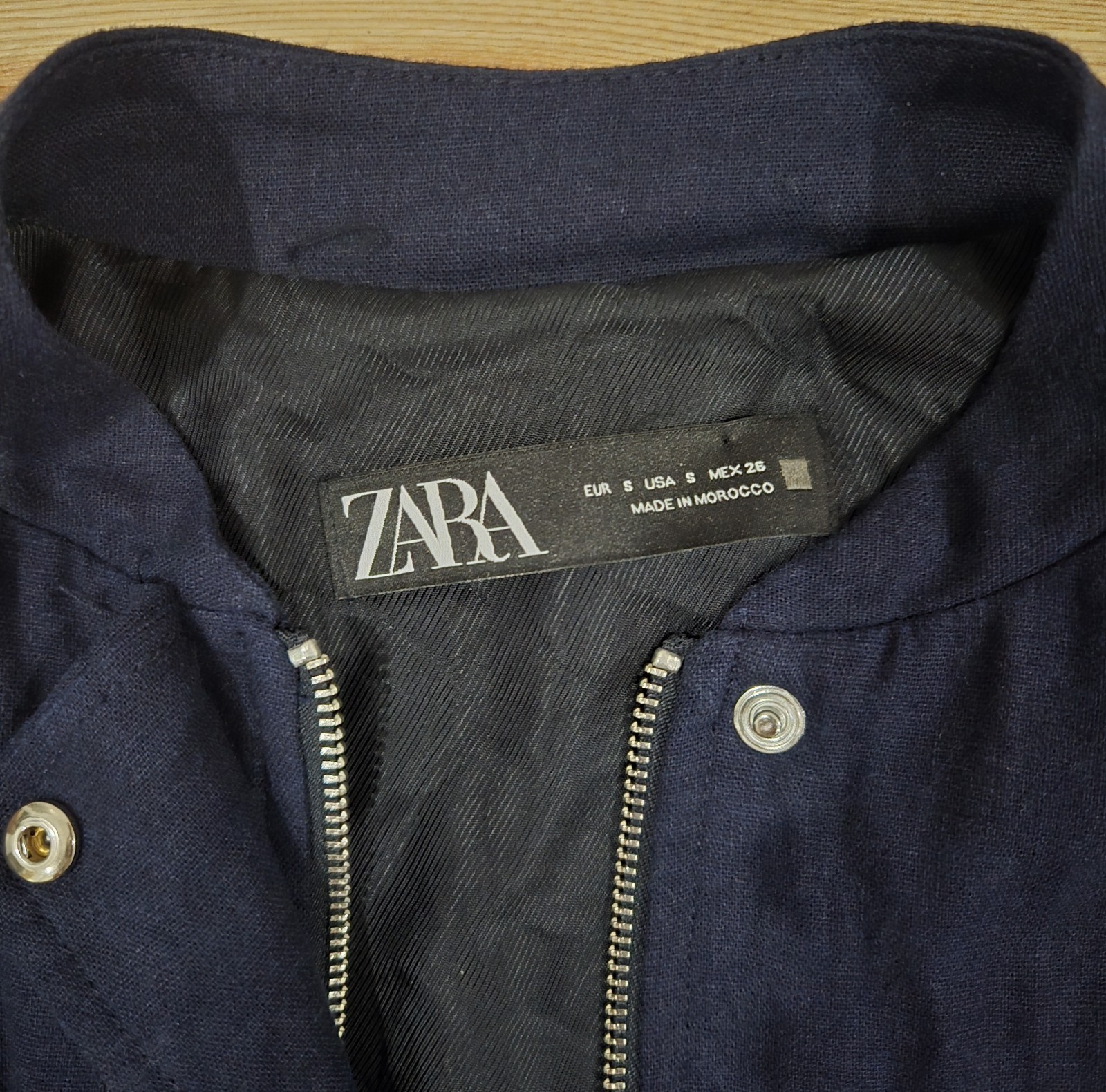 Zara navy blue linen blend bomber jacket size S long oversized women's unisex image 5