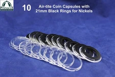 10 Airtite Coin Capsule Holders & 21mm Black Rings for US Nickels Air Tight