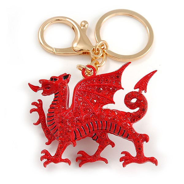 Red Crystal, Red Enamel Dragon Keyring/ Bag Charm In Gold Tone Metal - 9cm L
