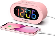 Pink Girls Alarm Clock LED Digital Display USB Charger Adjustable Volume Snooze