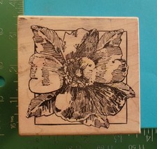 Magenta FRAMED FLOWER BLOSSOM and LEAVES Rubber Stamp