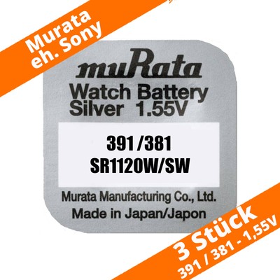 3 x Murata Sony 391 381 Uhrenbatterien 1,55 V SR1120W SW Silberoxid eh Sony