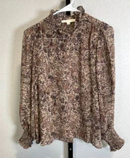 Grade & Gather Womens Printed High Neck Snocked Cuff Top Brown Floral Sz S