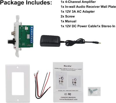 Herdio 4 Channels Bluetooth Wall Amplifier Volume Control USB/MIC/AUX(3.5mm)
