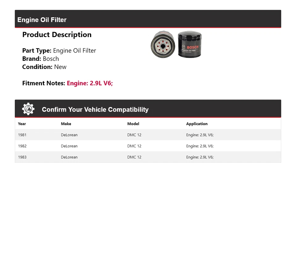 Filtro de aceite Bosch Premium 1982 para DeLorean DMC 12 1981-1983 2,9 L V6 Foto 2 de 3