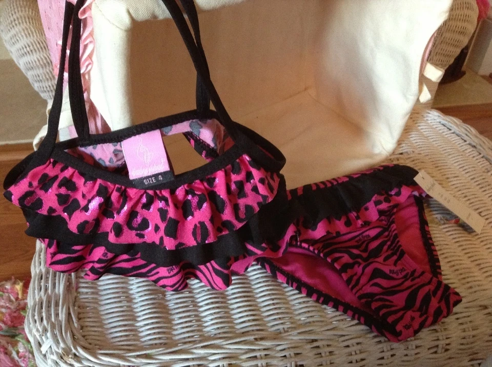 JUEGO DE BIKINI BABY PHAT FUCSIA ESTAMPADO ANIMAL CON VOLANTES EN CAPAS ~ TALLA 4 NUEVO CON ETIQUETAS $44 Foto 4 de 4