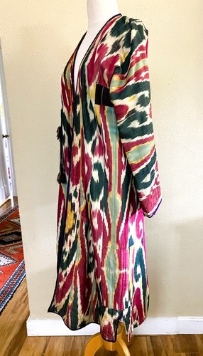 Vintage Uzbek Cotton Chapan, Coat Ikat Woman's Sz S/M Red Lining - Picture 3 of 12