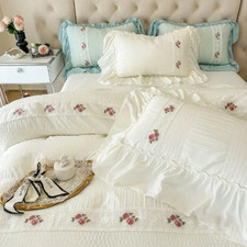 French Romantic Lace Bubble Gauze Bedding Set Embroidered Duvet Cover Ruffled