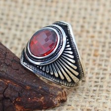 Faceted Red Zircon Stone 925 Sterling Silver Men's Ring