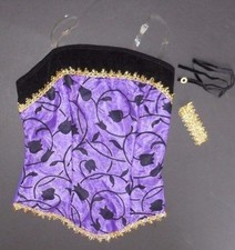 NWOT Flocked purple black basque, clear straps Small adult gold trim choker incl