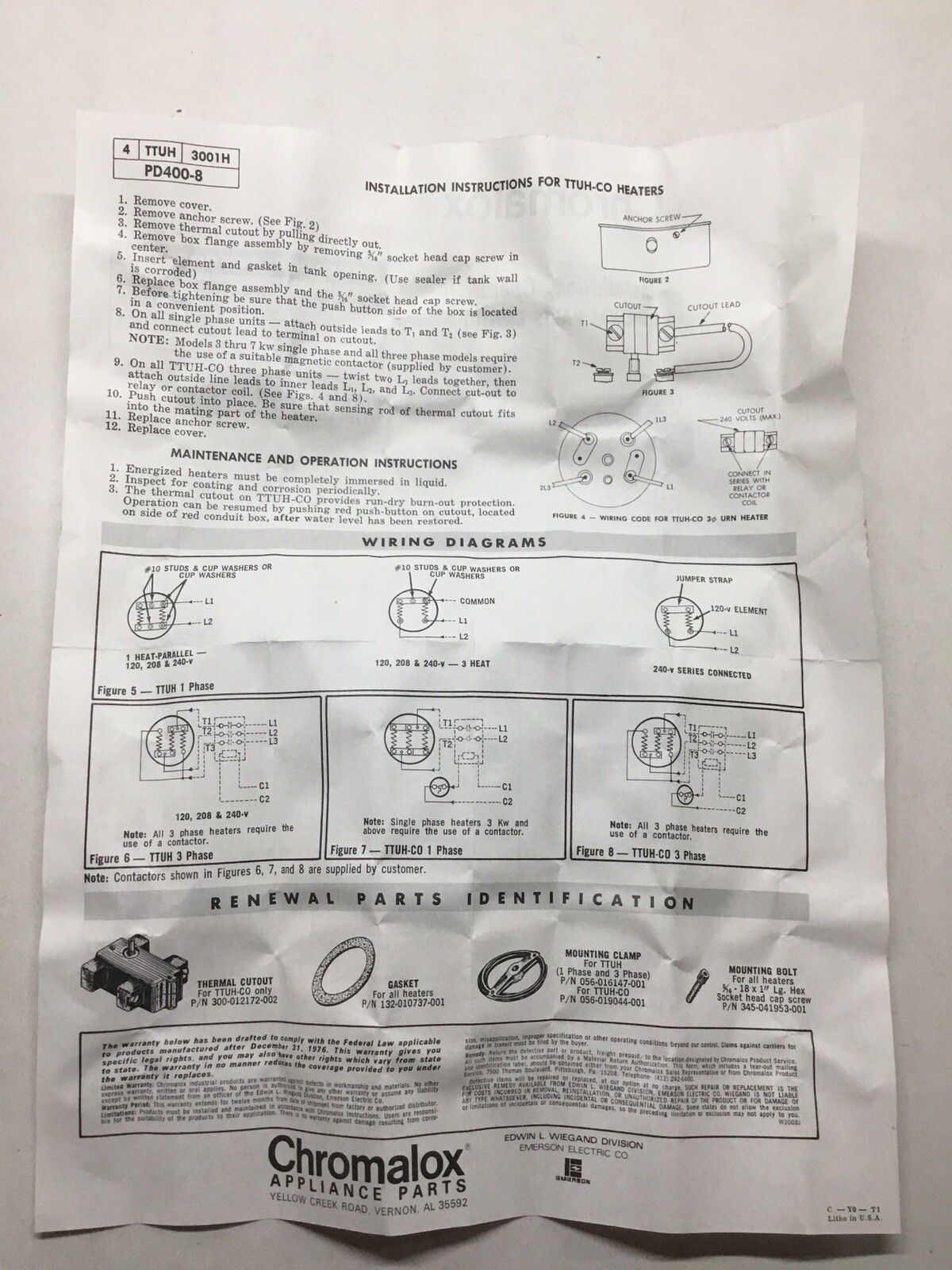 Chromalox URN Immersion Heater Type TTUH-703V 480 volts 3phase 7000w New Surplus