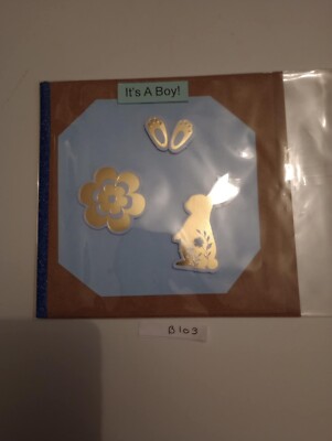 B103 Handarbeit Personalisiert Neu Baby Junge Karte Blau Hase Kaninchen Blume Gold 12x12