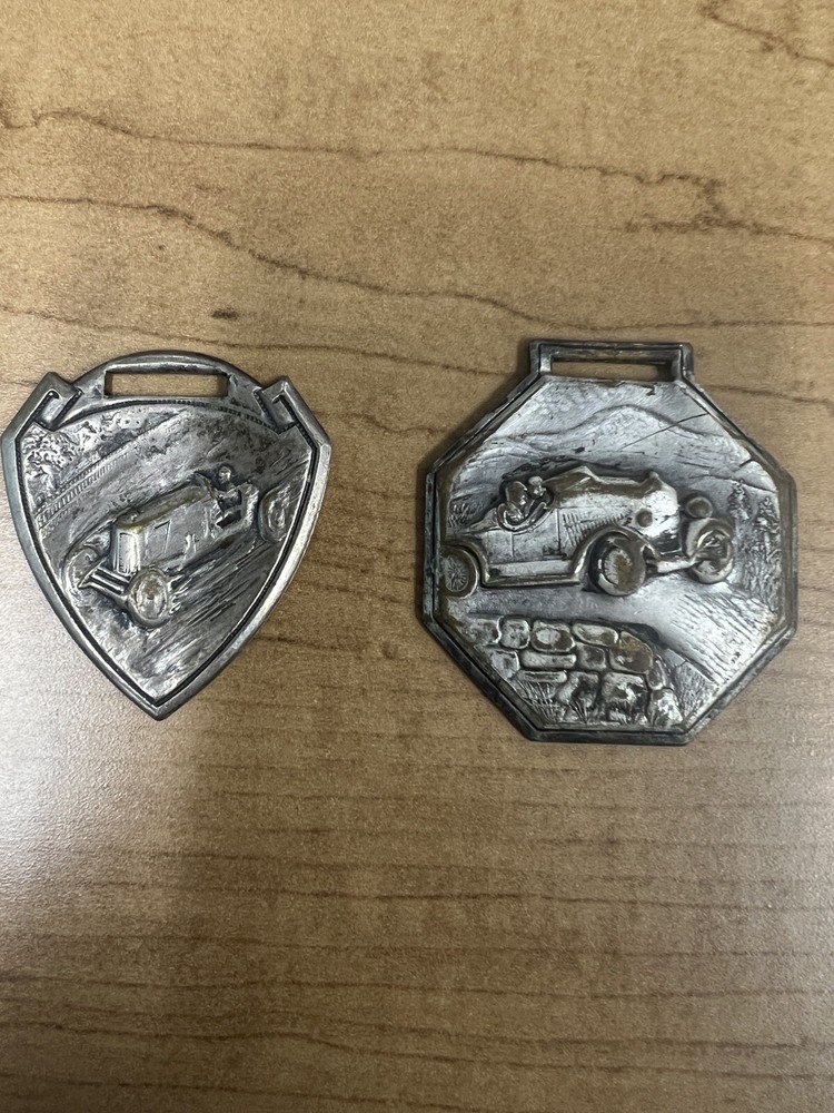 Lot Of 2 1920’s Stamped Tin Vintage Race-car Speedster Jalopy Watch Fobs  #304