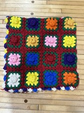 Pillow Cover Vintage Crocheted Granny Square Yellow Red Gold Multi colored 16x16