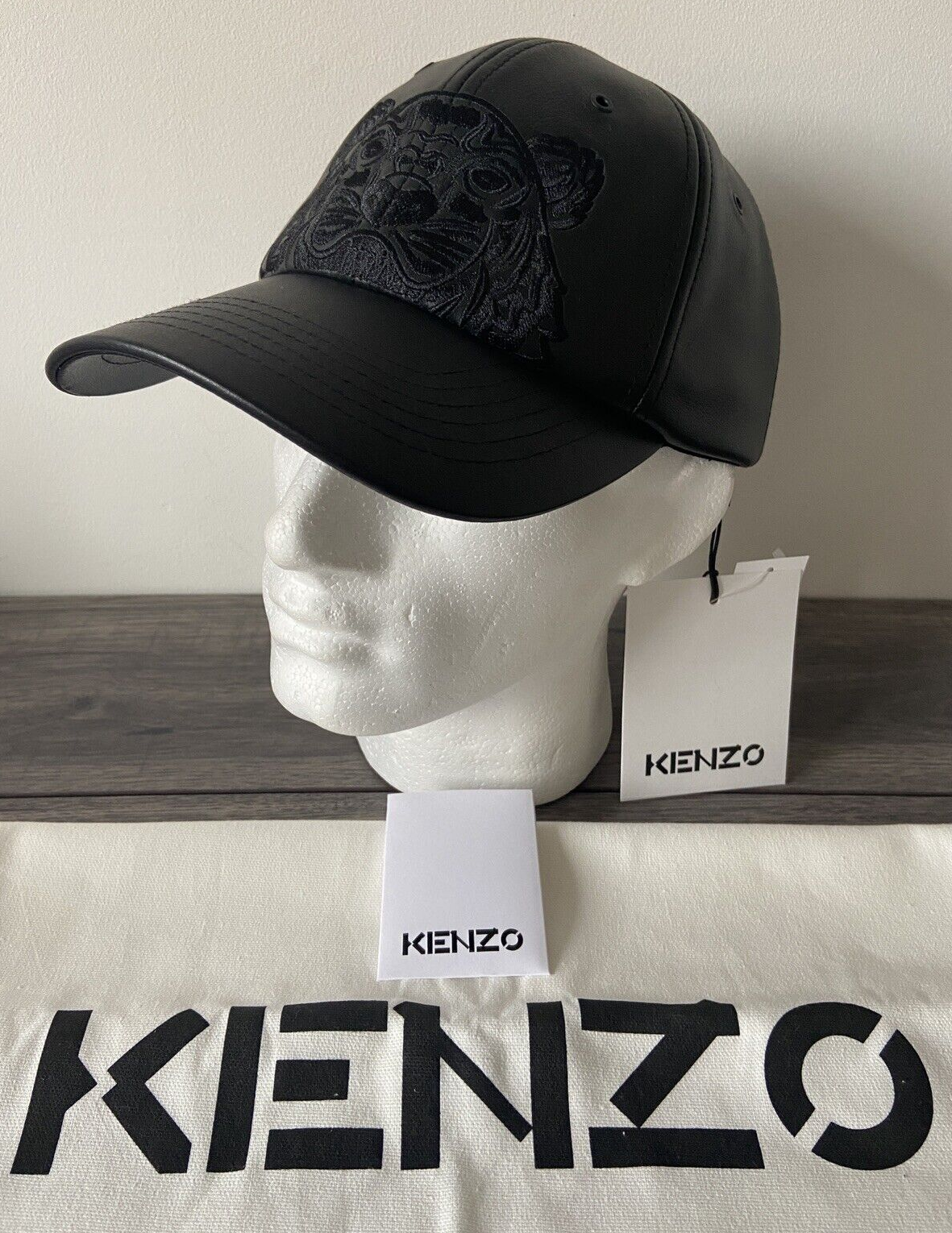 KENZO BLACK LEATHER TIGER MOTIF BASEBALL CAP RETAIL £185 BNWT