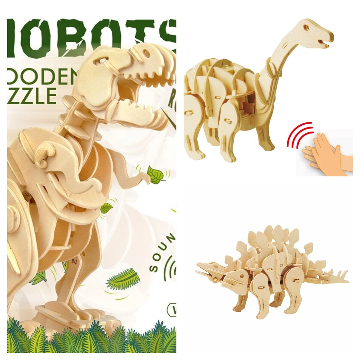 Diy 3D Walking T-REX Wooden Puzzle Kit Sound Control Dinosaur Toy