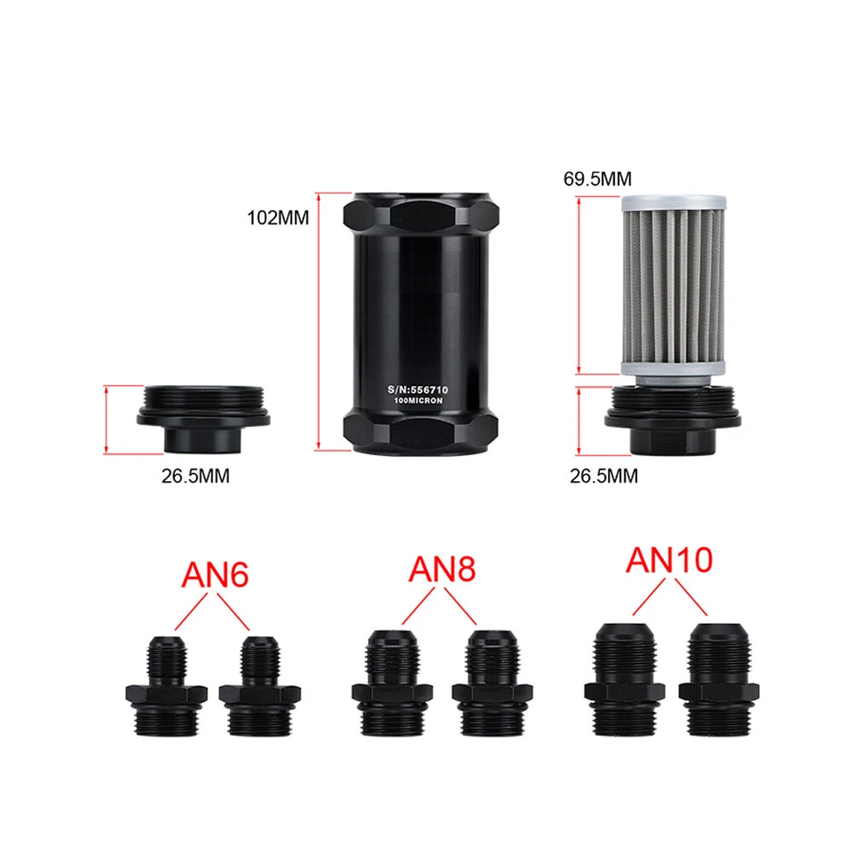 Filtro de combustible en línea AN6 AN8 AN10 E85 etanol con elemento de acero inoxidable de 100 micras Foto 3 de 4