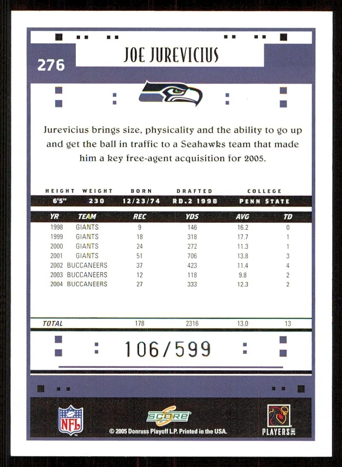 2005 Score Scorecard #276 Joe Jurevicius /599 - Image 2 of 2