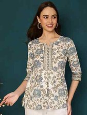 Indian Women White  Blue Cotton Floral Printed Kurta Kurti Top Tunic New Dress