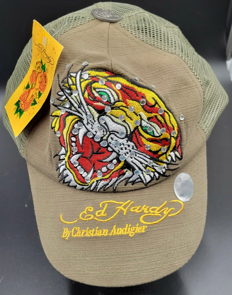 NWT Authentic Ed Hardy by Christian Audigier Trucker Hat Khaki Green Tiger Cap