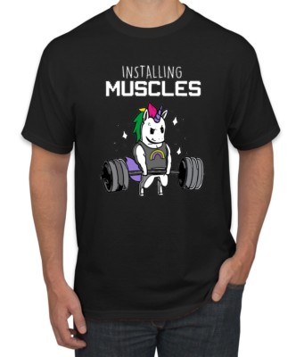 Wild Bobby Installing Muscles Unicorn Rainbow Men Gym Workout T Shirt