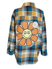 OOAK Upcycled Flannel Shirt Old Navy “Keep Smiling” Applique Positive Vibes Cute