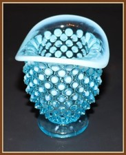 FENTON ART GLASS " BLUE OPALESCENT HOBNAIL " 1940's CURVED TOP VASE