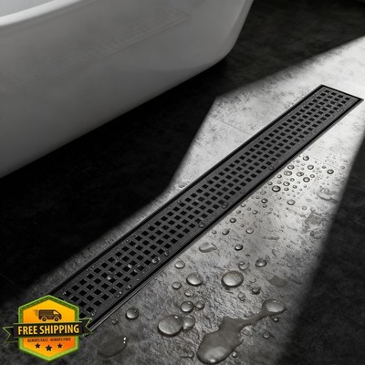 60'' Matte Black Linear Shower Drain Quadrato Grate Stainless Steel