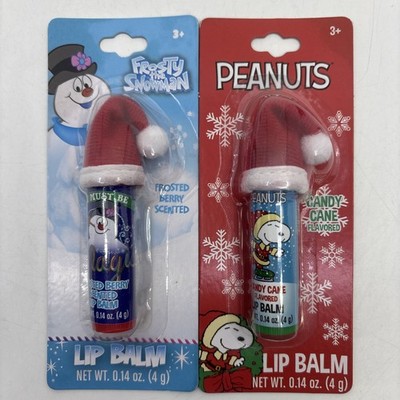 Snoopy Peanuts & Frosty the Snowman   Flavored Lip Balm with Santa Stocking Cap