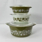Vtg 70s Pyrex Crazy Daisy 2.5 QT, 1.5 PT, 1 PT Green White Casserole Bowls Lids