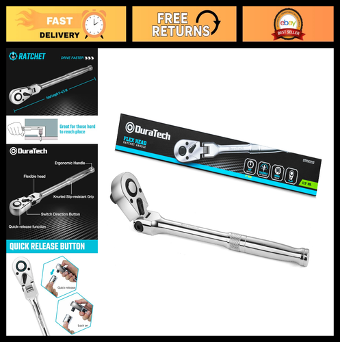 1/2" Drive Flex-Head Ratchet Wrench, 72-Tooth Quick-Release, Reversible, Chrome - Picture 1 of 8