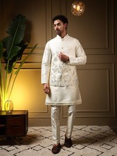 Mens Indian Kurta Pajama Koti Set Silk Embroidered Wedding Party Ethnic Wear