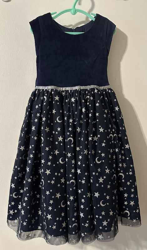 Dorissa Girl’s Sparkle Glitter Moons Stars Tie Navy Blue Silver Dress Size 6