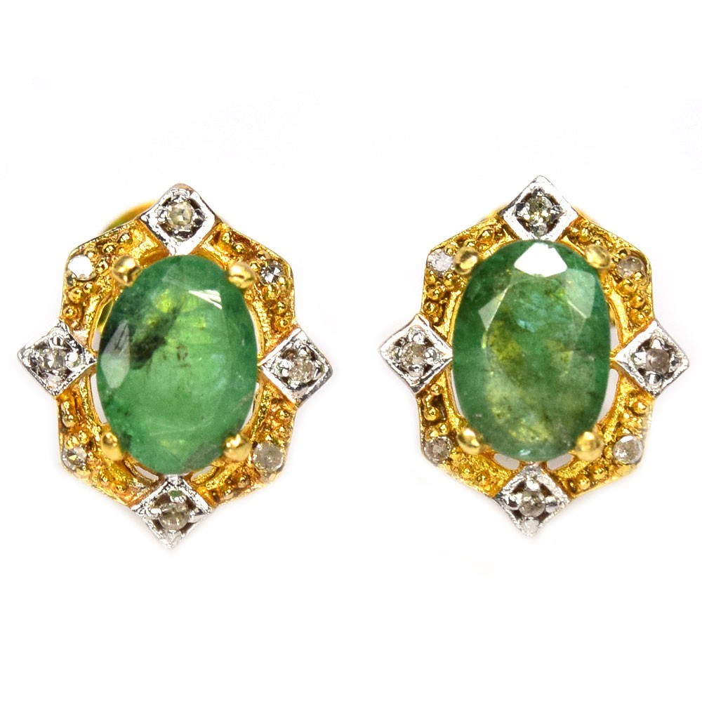 925 Sterling Silver Natural Green Emerald Gemstone Oval Facet Cut  Stud Earring