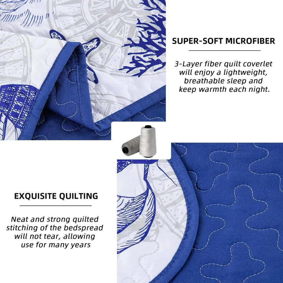 Juego de edredón y fundas Blue Coastal Beach Queen 3 piezas náuticas de caballito de mar Foto 4 de 4