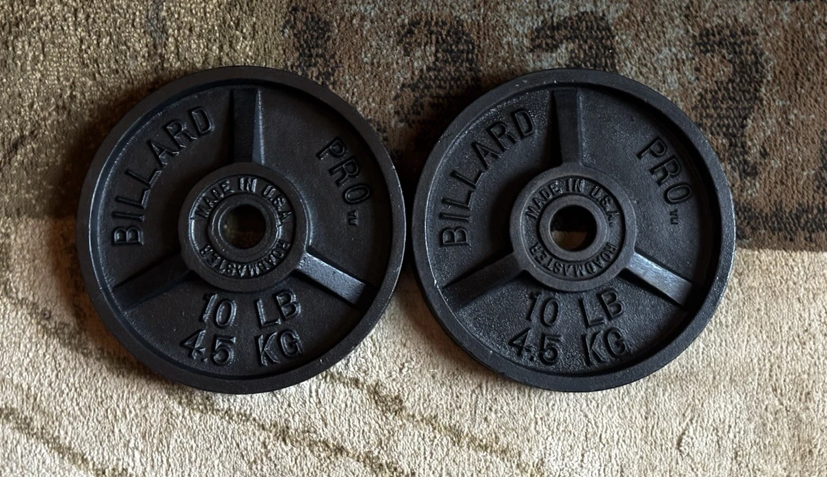 Pair Vintage Billard Barbell 10 lb Standard Weight Plates dimple blank B gold