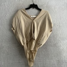 ASTR Womans Bodysuit Beige Solid Large Viscose Blend Short Sleeve V Neck