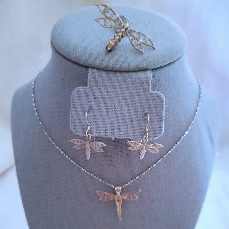 Dragonfly SET Pendant CZ w 18KGP Ball Chain Necklace Brooch 925 Sterling Silver 