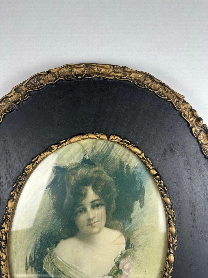Antique Primitive Round Black And Gold Wood Frame with Portrait of Woman - Image 3 of 4