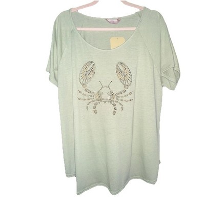 SJS Boutique NWT Women s 3X Green Short Sleeve Studded Crab Graphic Top New